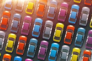 Colorful Cars Inventory. Dealership Cars in Stock 3D Illustration. Aerial View.
